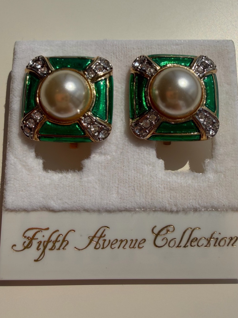 Vintage Butler Fifth Avenue Emerald Green Enamel Pearl Earrings EGG150CL